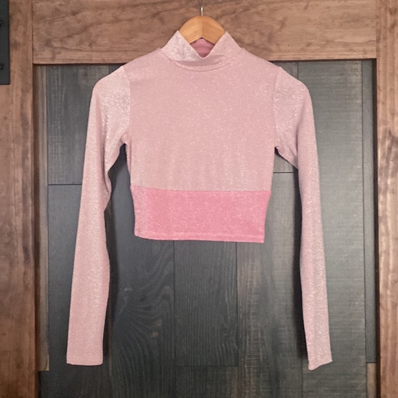 NAKED WARDROBE On The Glow Pink Glitter Mock Neck Crop Top - Picture 2 of 6